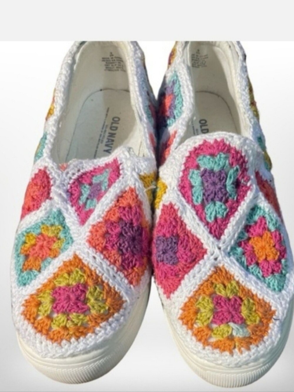 Old Navy White Crochet Slip-On Sneakers with Multicolor Accents
